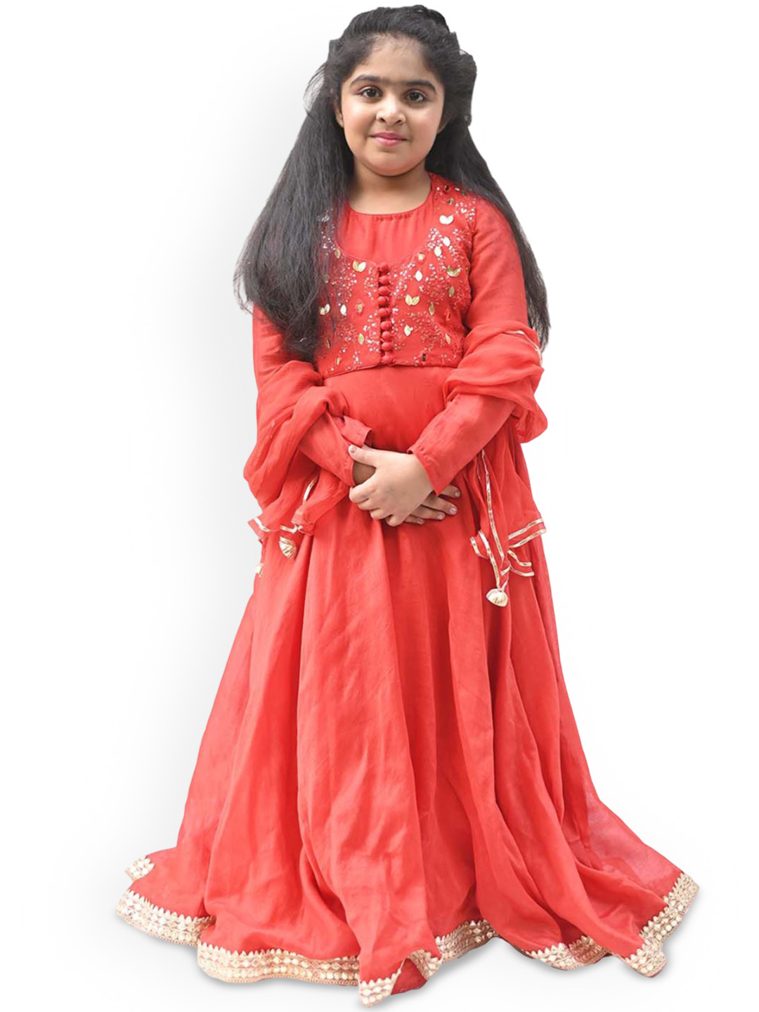Alyaansh Couture Girls Embroidered Chanderi Cotton Koti With Anarkali Ethnic Dress
