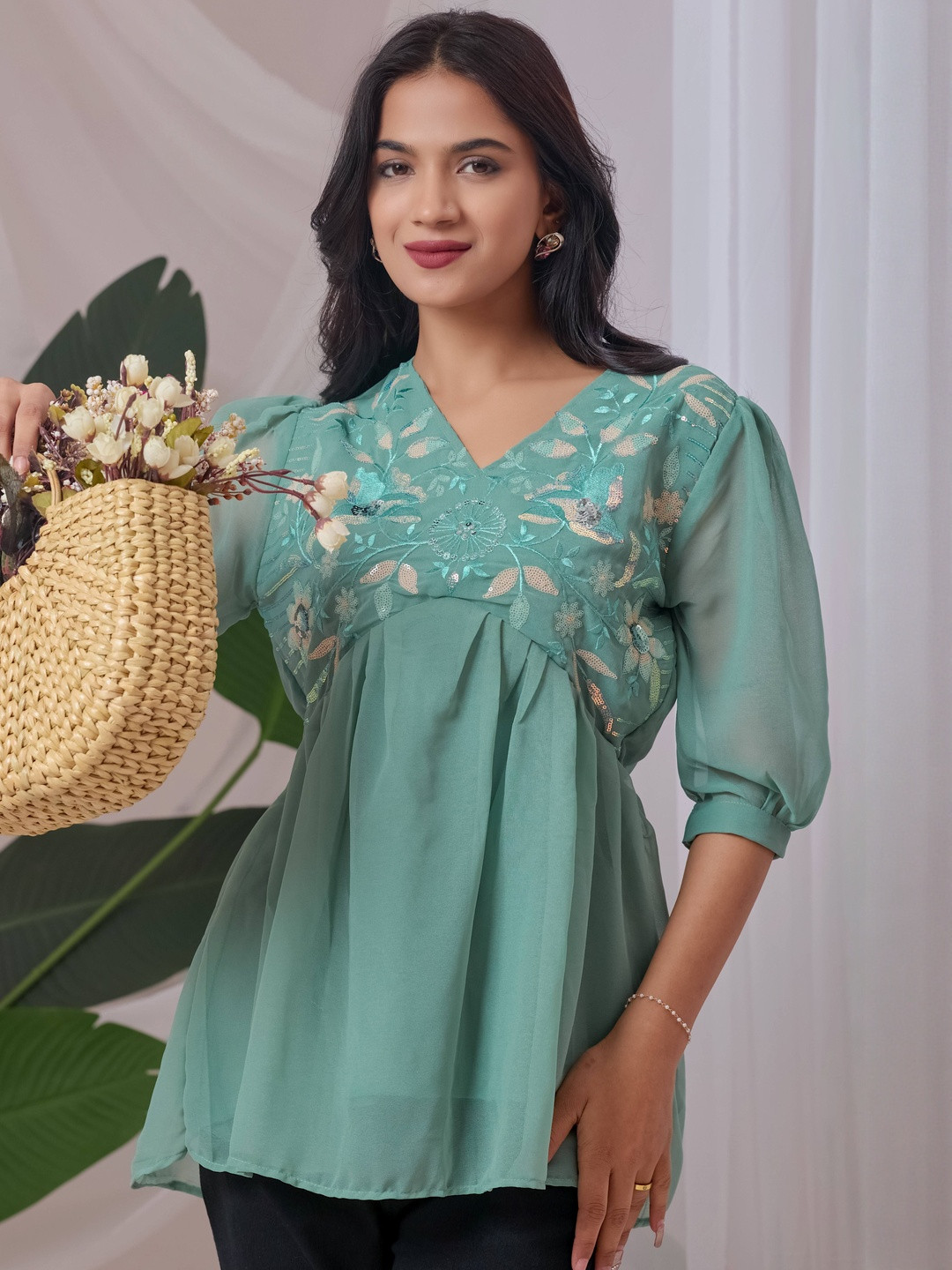 ZELZIS Women Green Floral Embroidered Georgette V-Neck Puff Sleeves Tunic Top