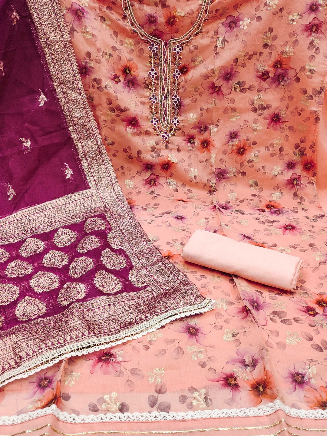 KALINI Unstitched Peach Modal Banarasi Dress Material