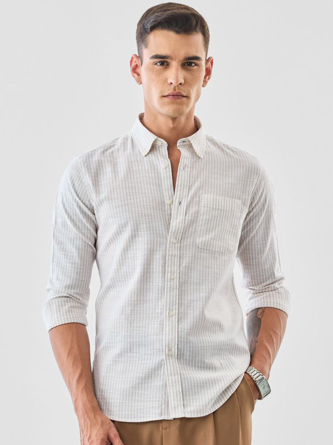 Snitch Men Beige Striped Shirt