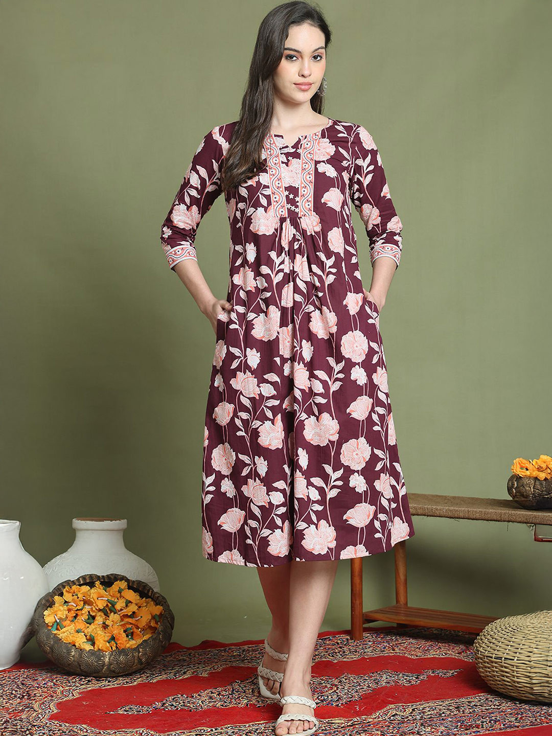 Merira Women Floral Printed Gathered or Pleated Pure Cotton A-Line Dress