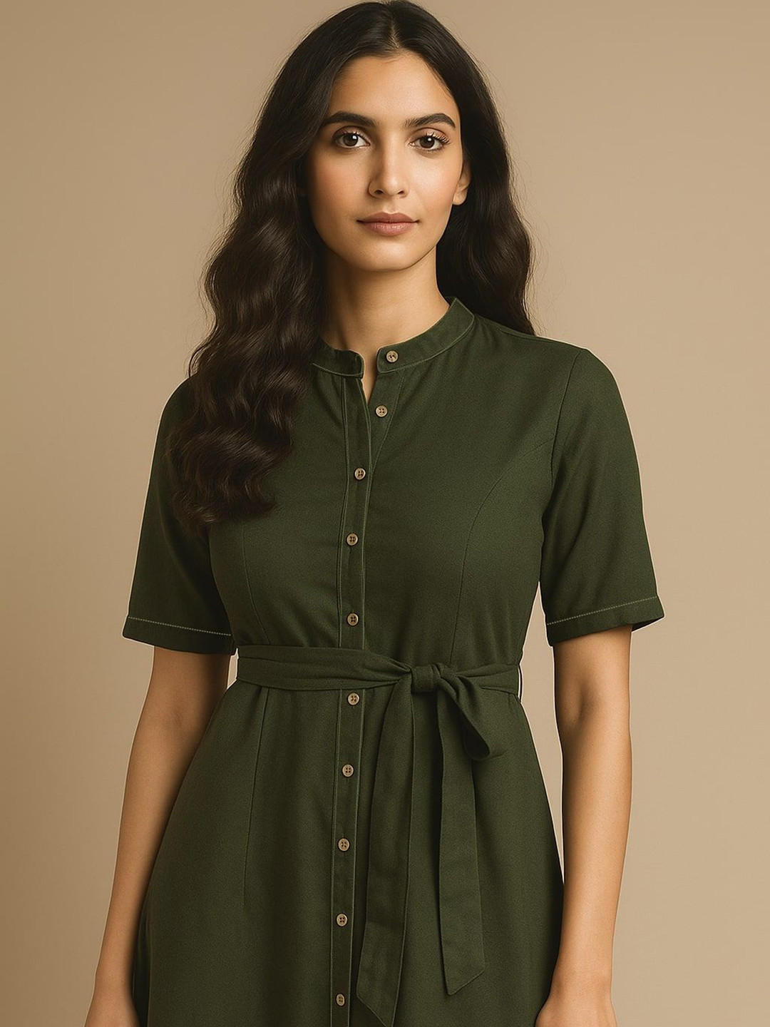 Saaki Women Mandarin Collar Belted Shirt Midi Dress With Belt