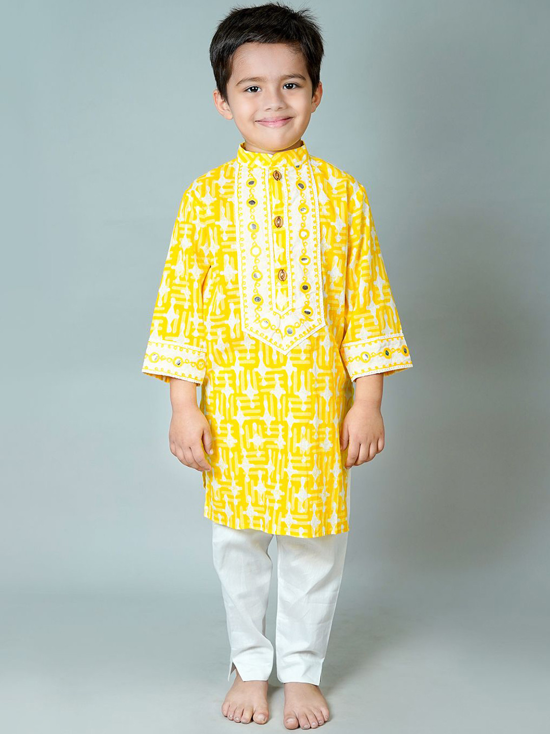 Chanda Mama Boys Embroidered Mandarin Collar Mirror Work Pure Cotton Kurta With Pyjamas