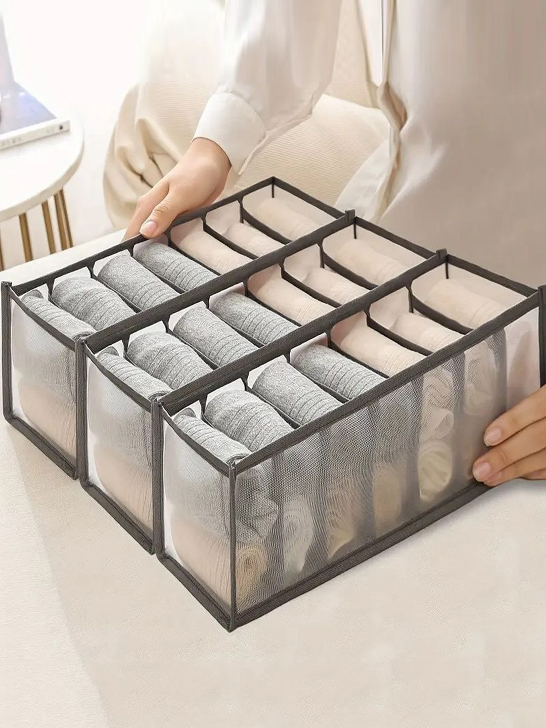 atorakushon Grey Set of 3 Regular Drawer wardrobe Organizers For Clothes Storage Bags