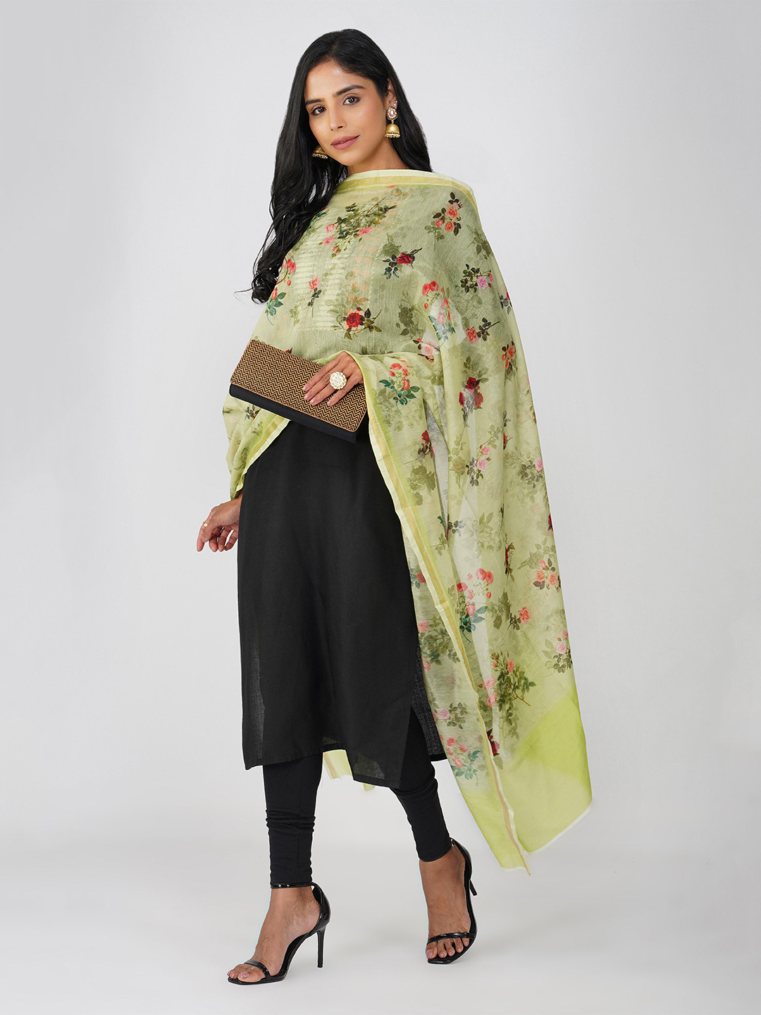 Zal from Benaras Floral Printed Pure Silk Banarasi Dupatta