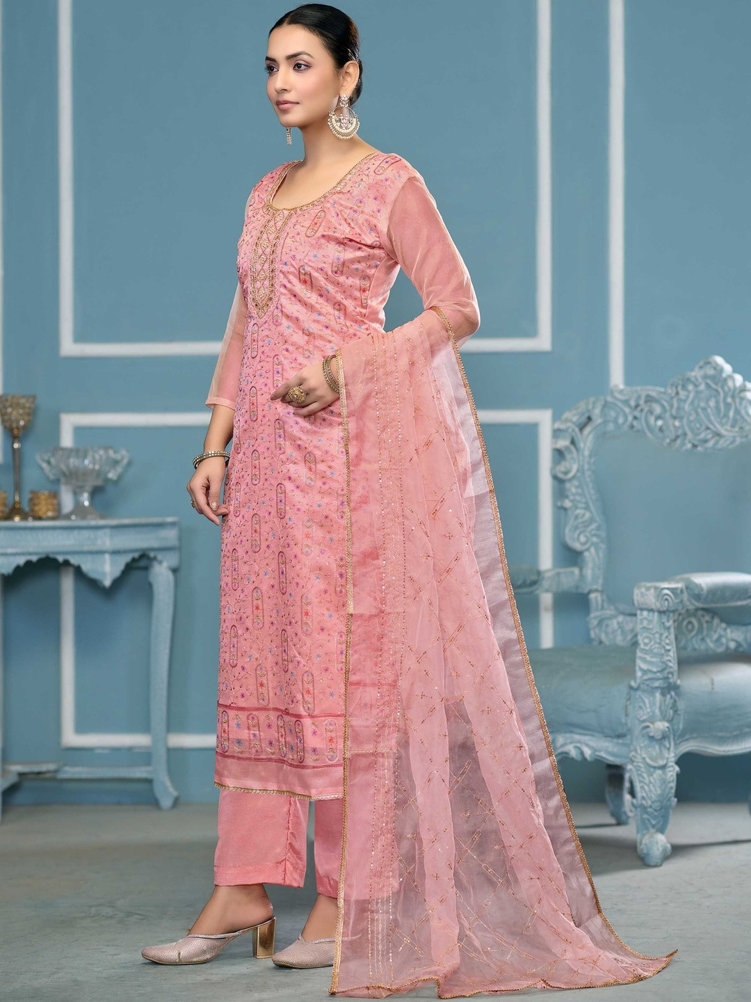 KALINI Pink Viscose Organza Sequence Dress Material With Dupatta