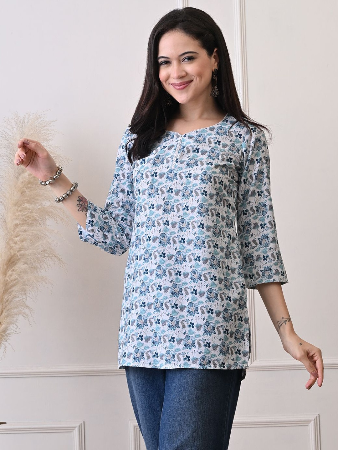 KALINI  White Printed Short Kurti