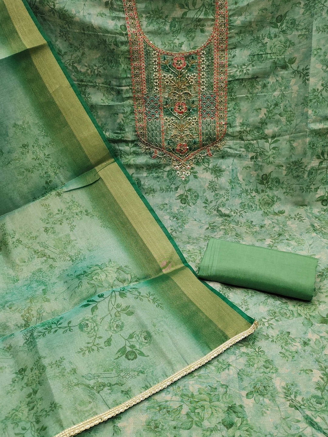 KALINI Sea Green Cotton Silk Handwork Dress Material With Dupatta