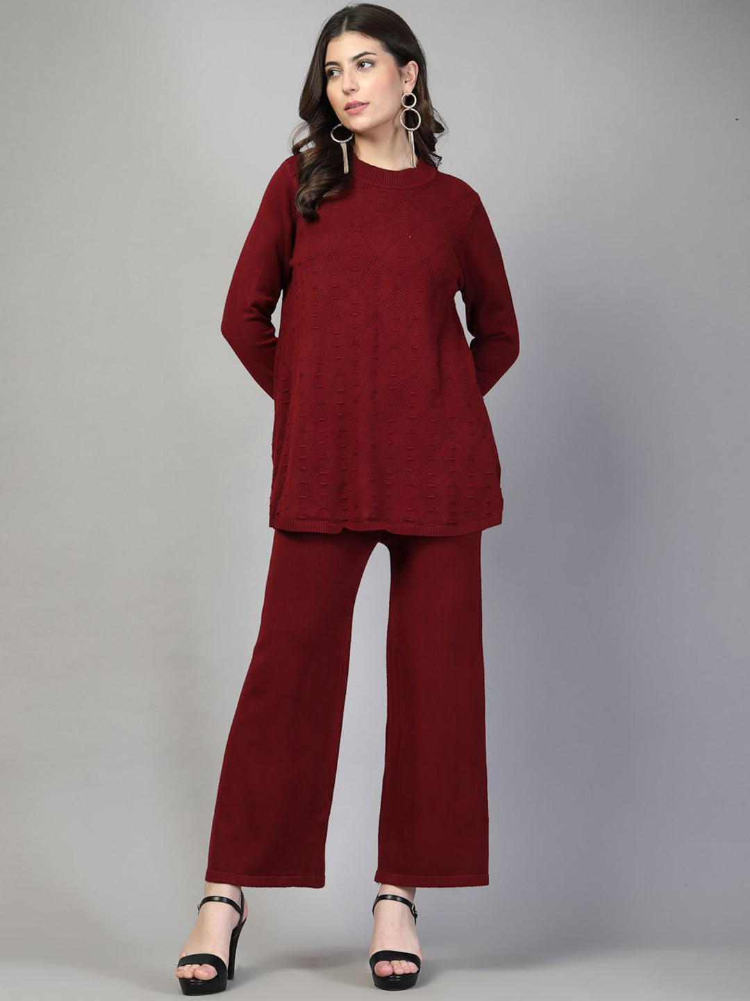 Mafadeny Women's 2-Piece Round Neck Textured Co-ord Set with Wide-Leg Pants