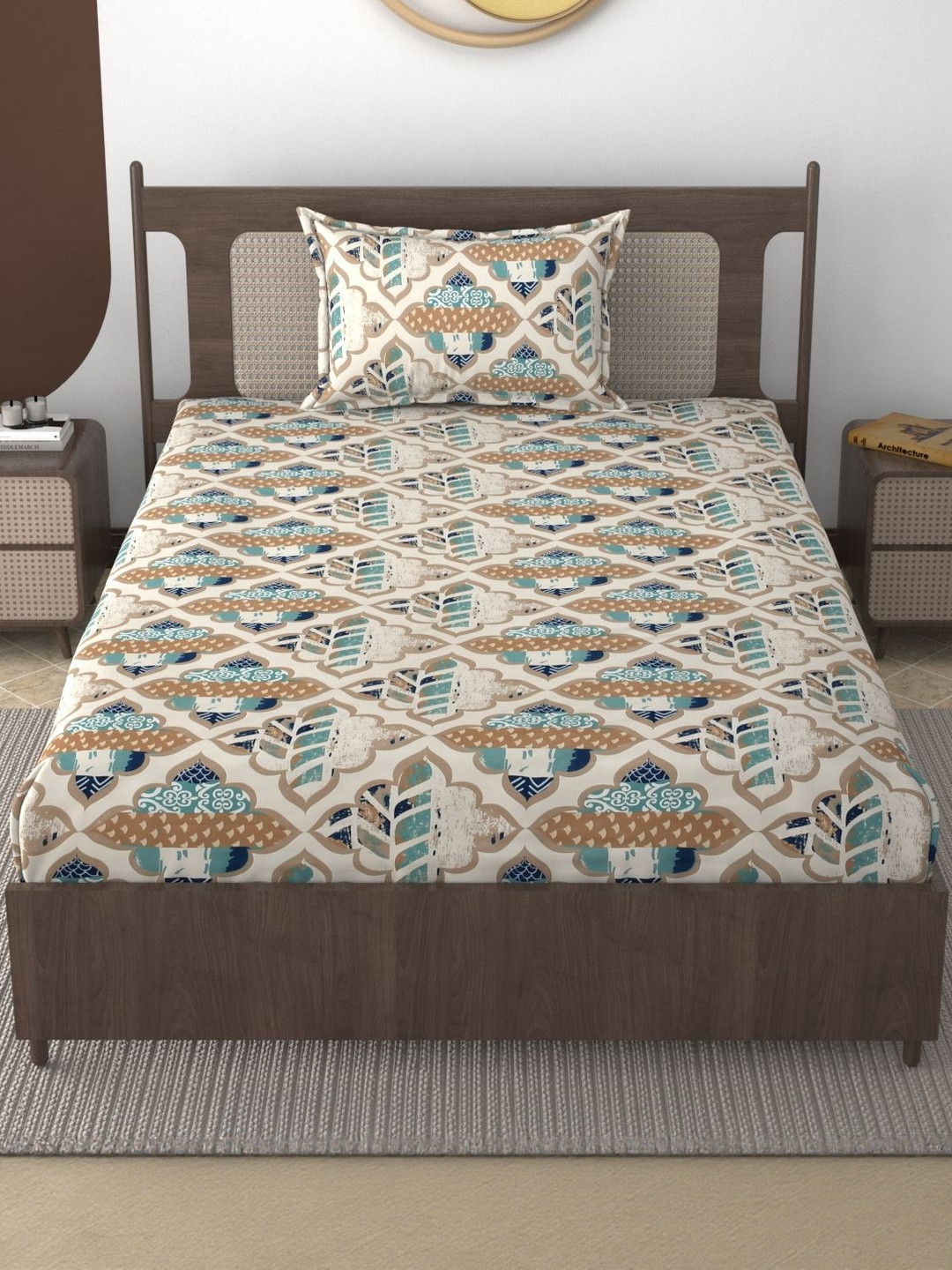 FURNOFY Multicoloured Ethnic Motifs Skin-Friendly Single Bedsheet with 1 Pillow Covers