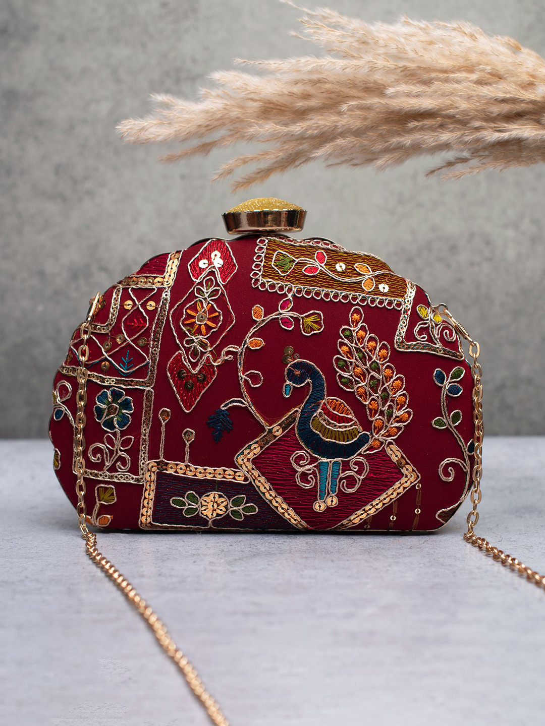 ARTKLIM Women Embroidered Half Moon Royal Peacock Charm Clutch