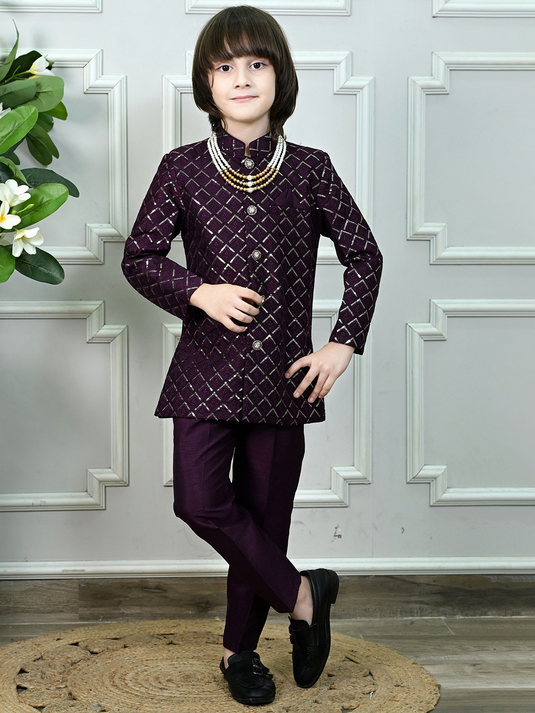 ahhaaaa Boys Floral Woven Design Jodhpuri Bandhgala Suit Set With Mala