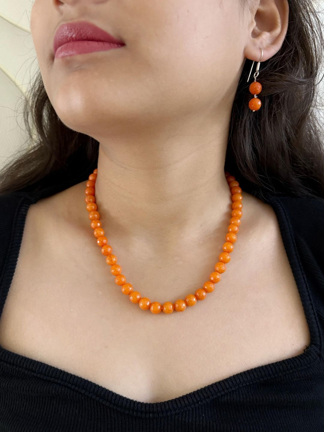 Gehna By  Beadazzled Silver-Plated Orange Jade Beaded Jewellery Set