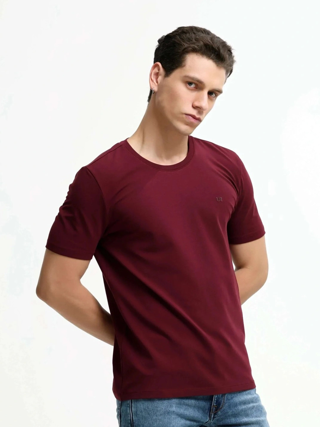 TURMS Men Solid Crew Neck Half Sleeves Stain And Water Repellent Cotton Tshirt