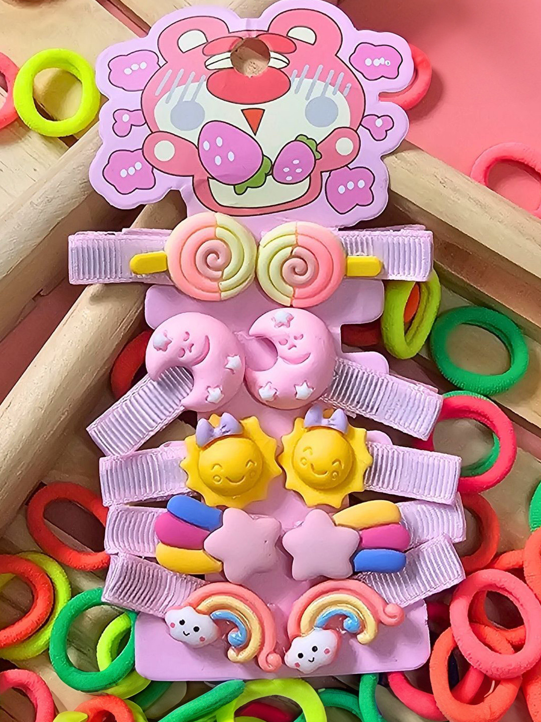 Puchku Kids Set of 2 Mini Hair Ties With Teddy Flower Rainbow Cartoon