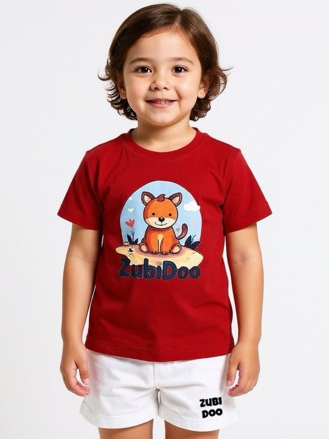 ZUBIDOO Boys Red & White Printed Round Neck Cotton T-shirt With Shorts