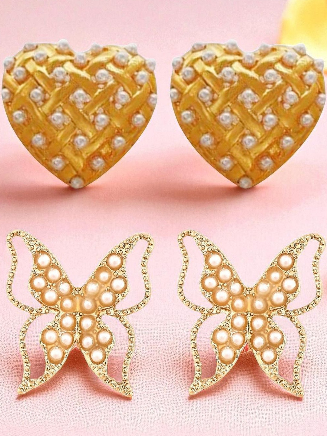OOMPH Set of 2 Gold Large Stud Earrings - Butterfly & Heart Shape