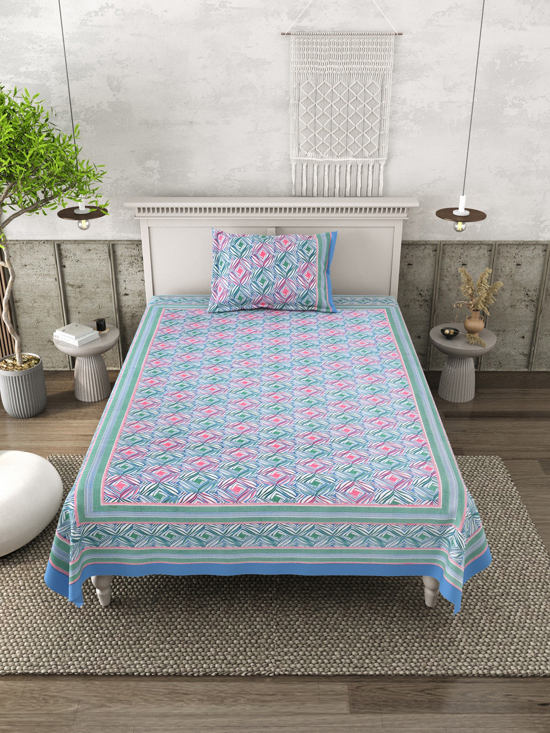 Plarsh Comfort Blue & Pink Pure Cotton 240 TC Single Bedsheet - 1.60 m x 2.28 m