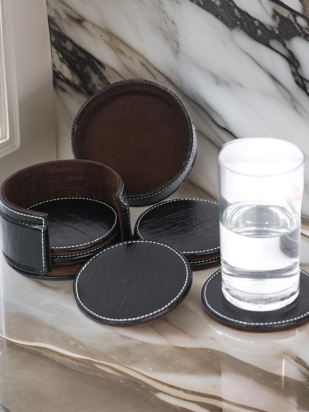 PERKED 6-Pcs Black Round Coasters With Holder