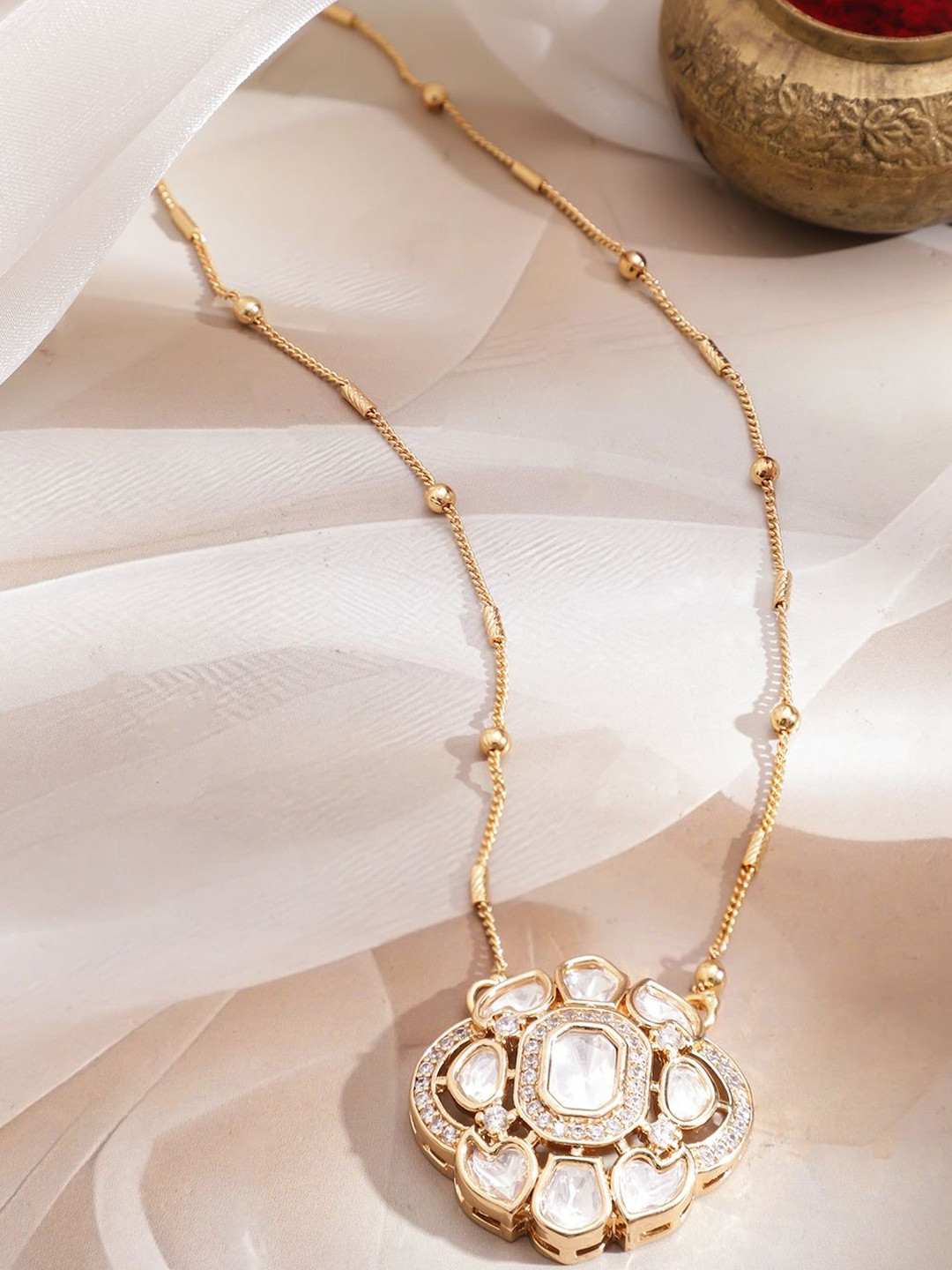 Rubans 22K Gold-Plated White Kundan & Cubic Zirconia Studded Necklace with Gold Bead Chain