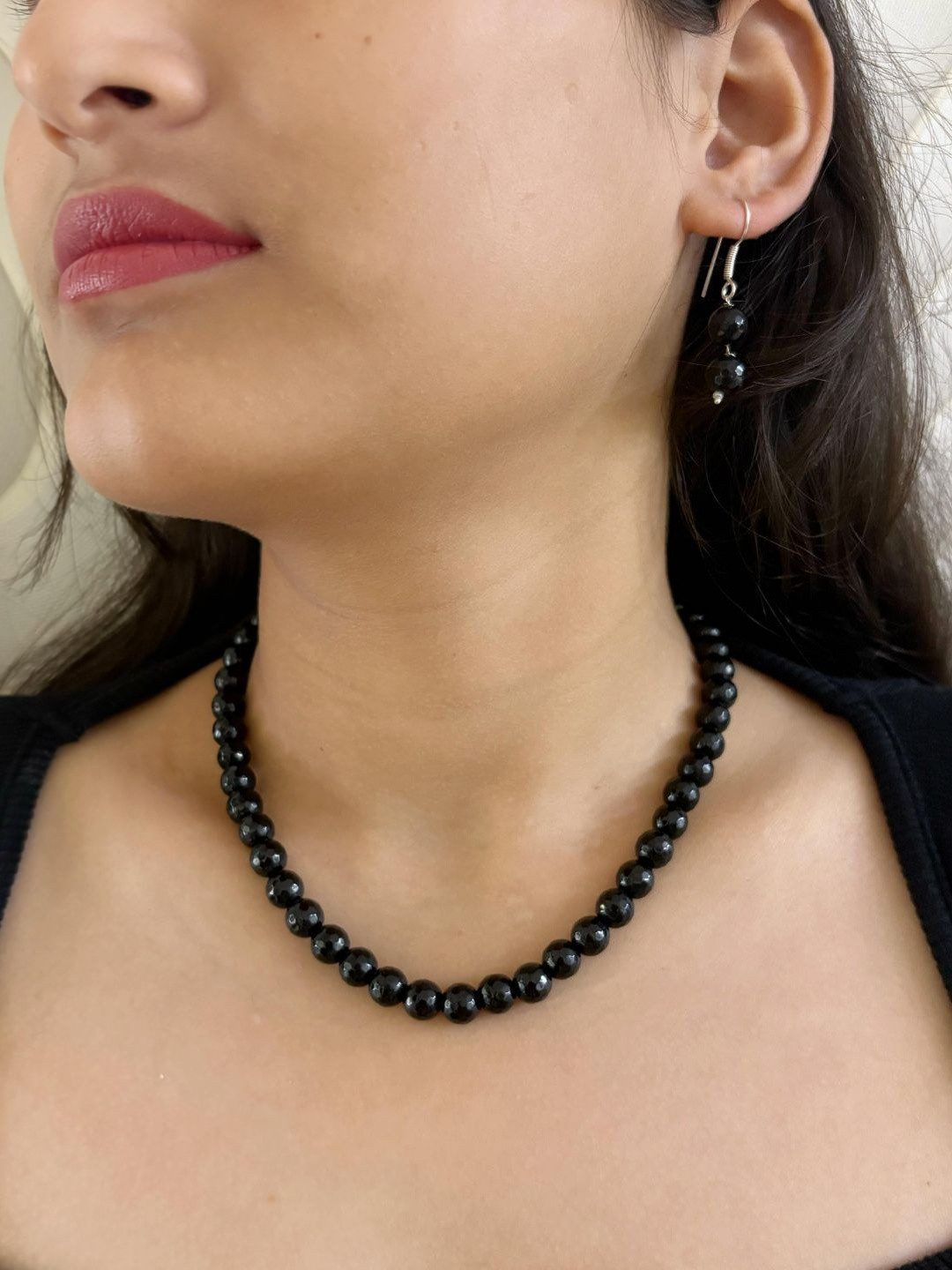 Gehna By Beadazzled Silver-Plated Black Onyx Stones Beaded Necklace With Earrings