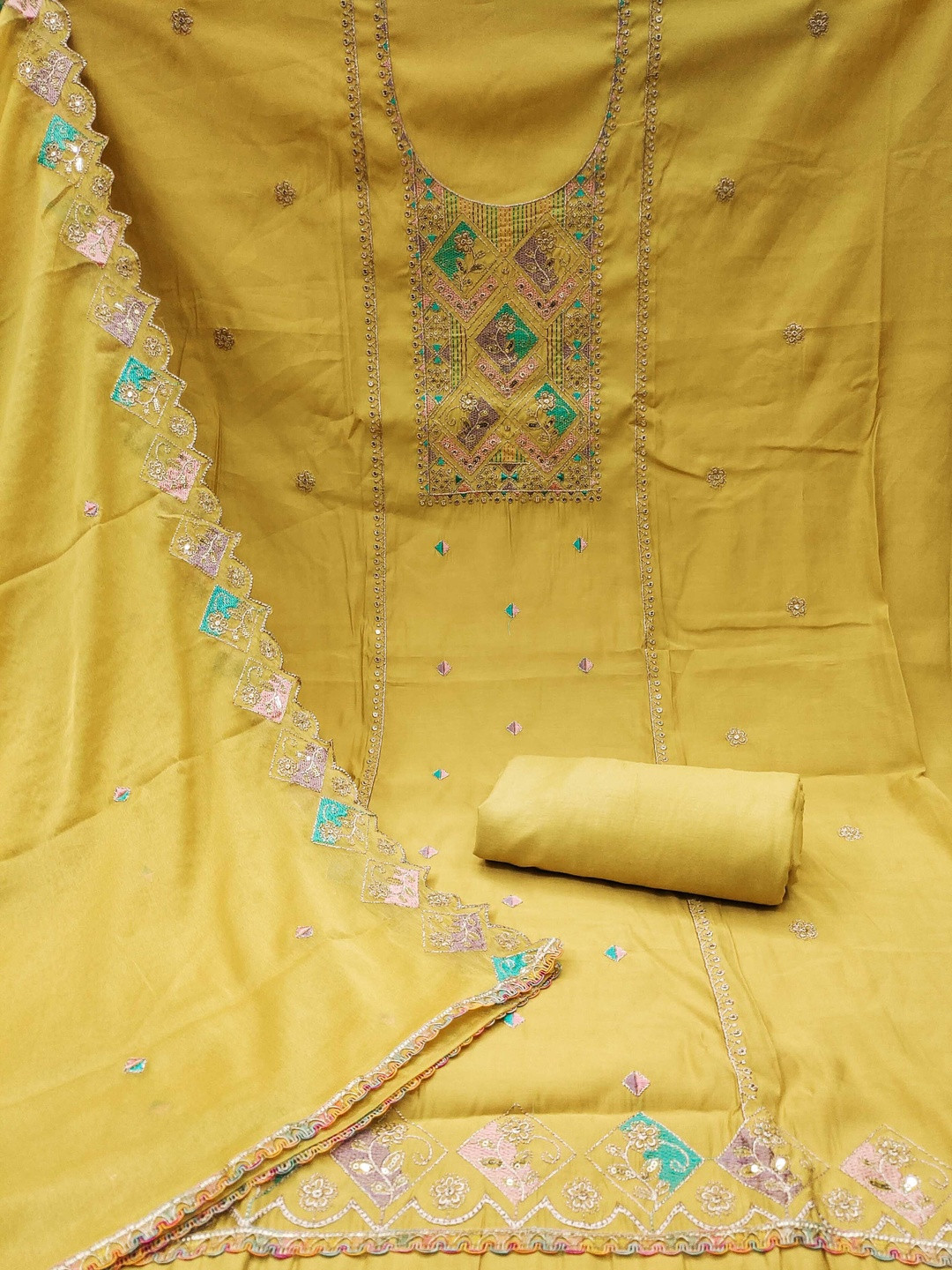 KALINI Cotton Blend Yellow Woven Design Dress Material