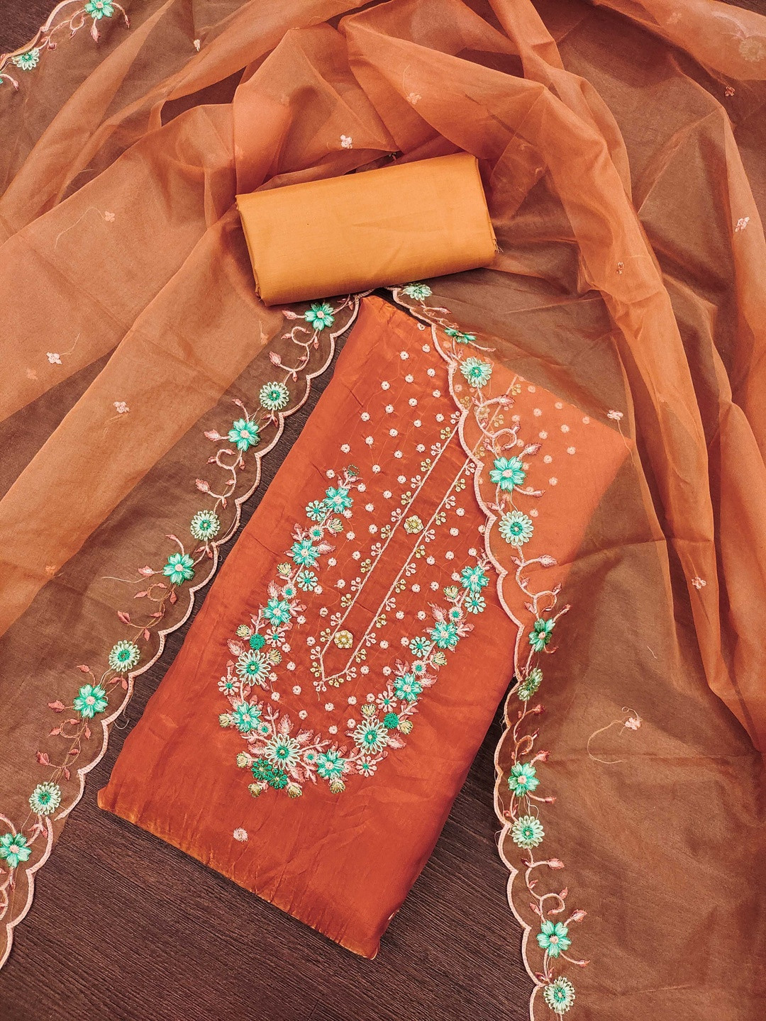 KALINI Women Golden Crush Embroidery Dress Material With Dupatta