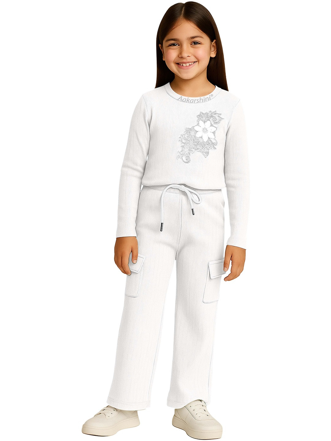 Aakarshini Girls White Polyester T-shirt with Cargo Trousers