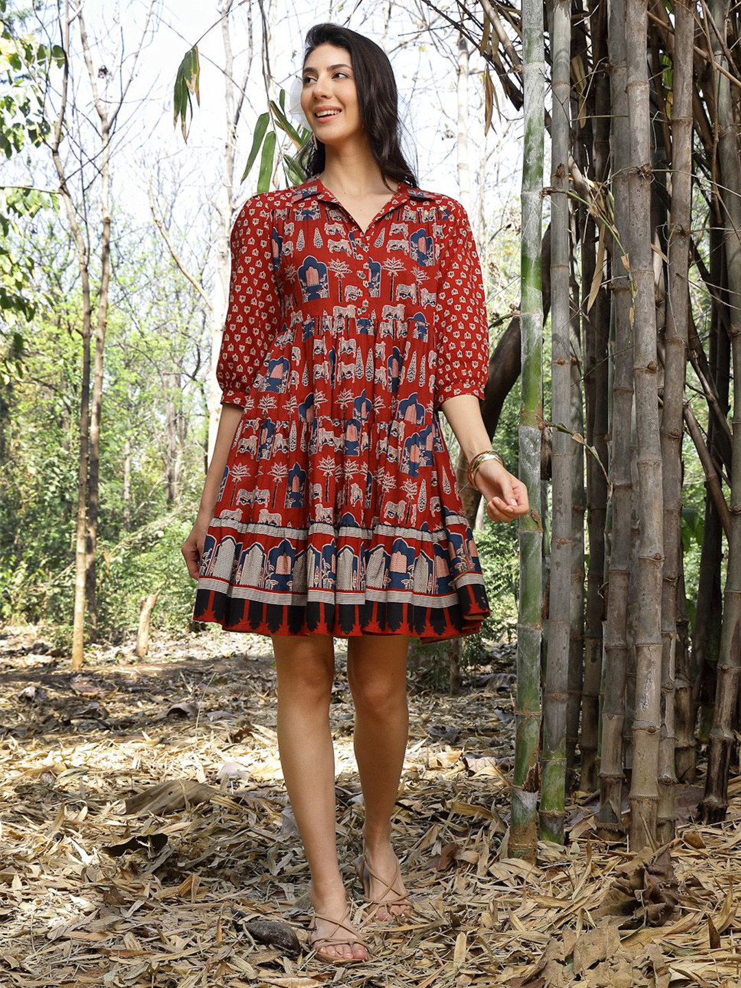 Stylum Ethnic Motifs Print Puff Sleeve Fit & Flare Dress
