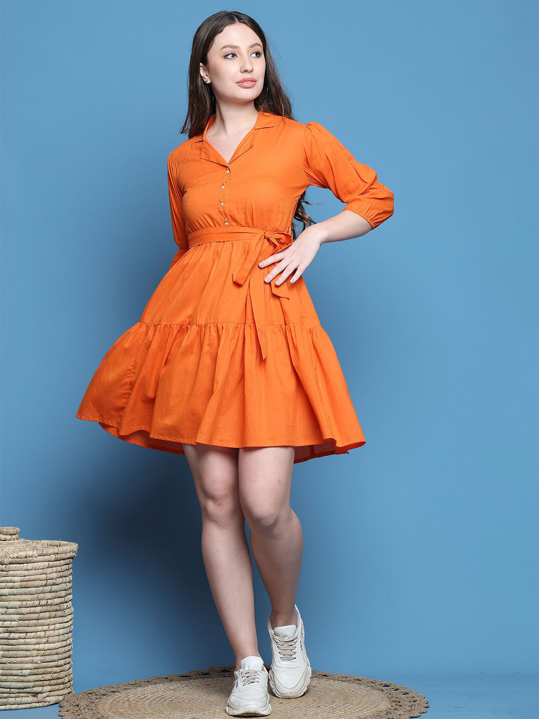 Merira Shirt Collar Bishop Sleeves Belted Tiered Pure Cotton Fit & Flare Dress