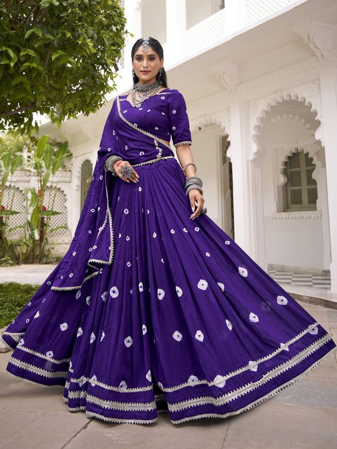 LOOKNBOOK ART Women Purple Printed Cotton Lehenga & Blouse With Lace Detailing Dupatta