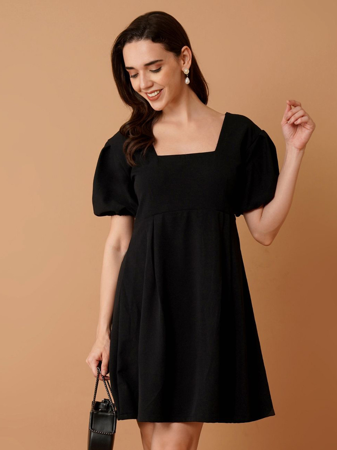 Magnetism Women Puff Sleeve Square Neck A-Line Mini Dress