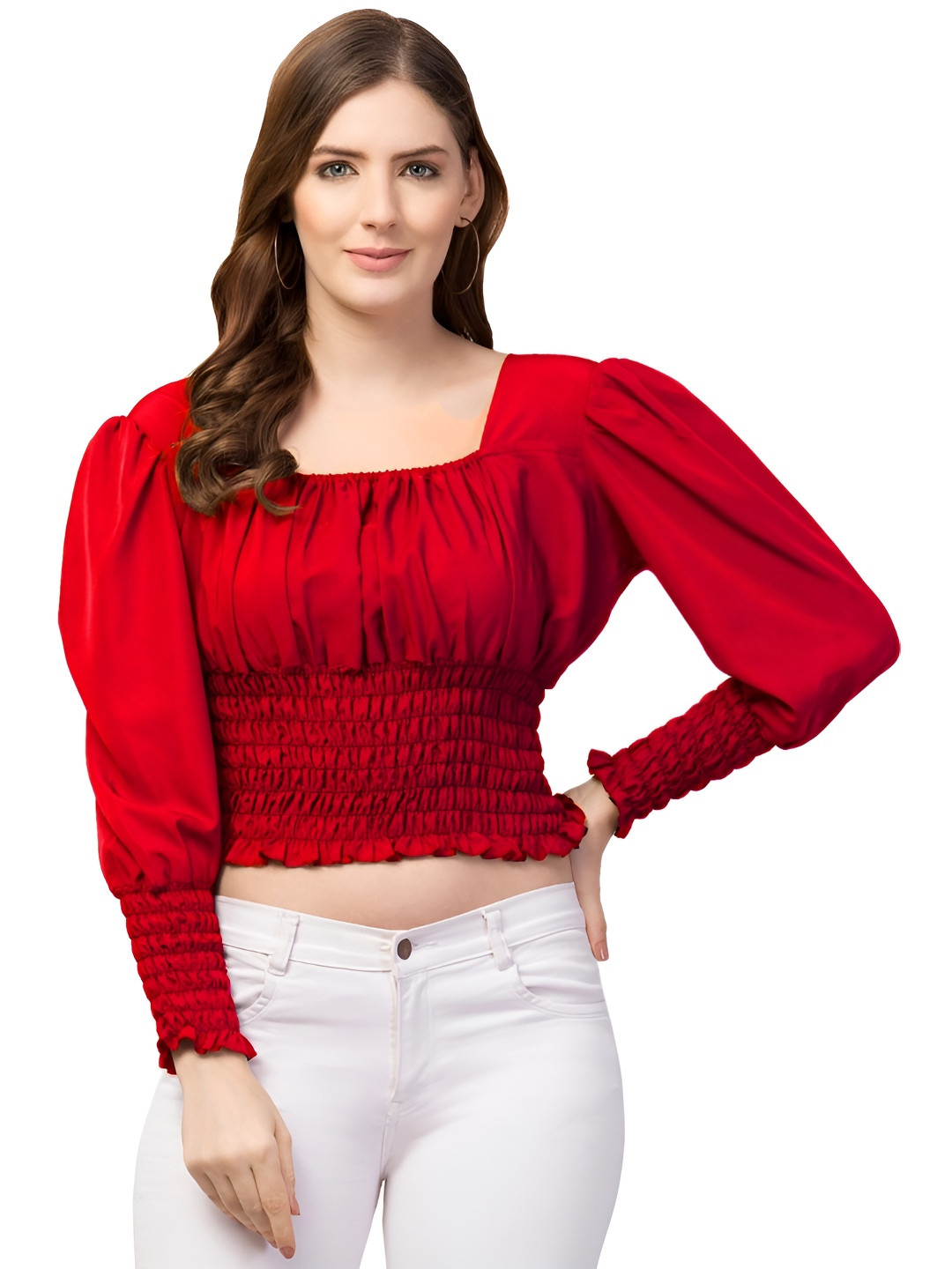 fuprecious Women Puff Sleeve Smocked Fitted Crop Top
