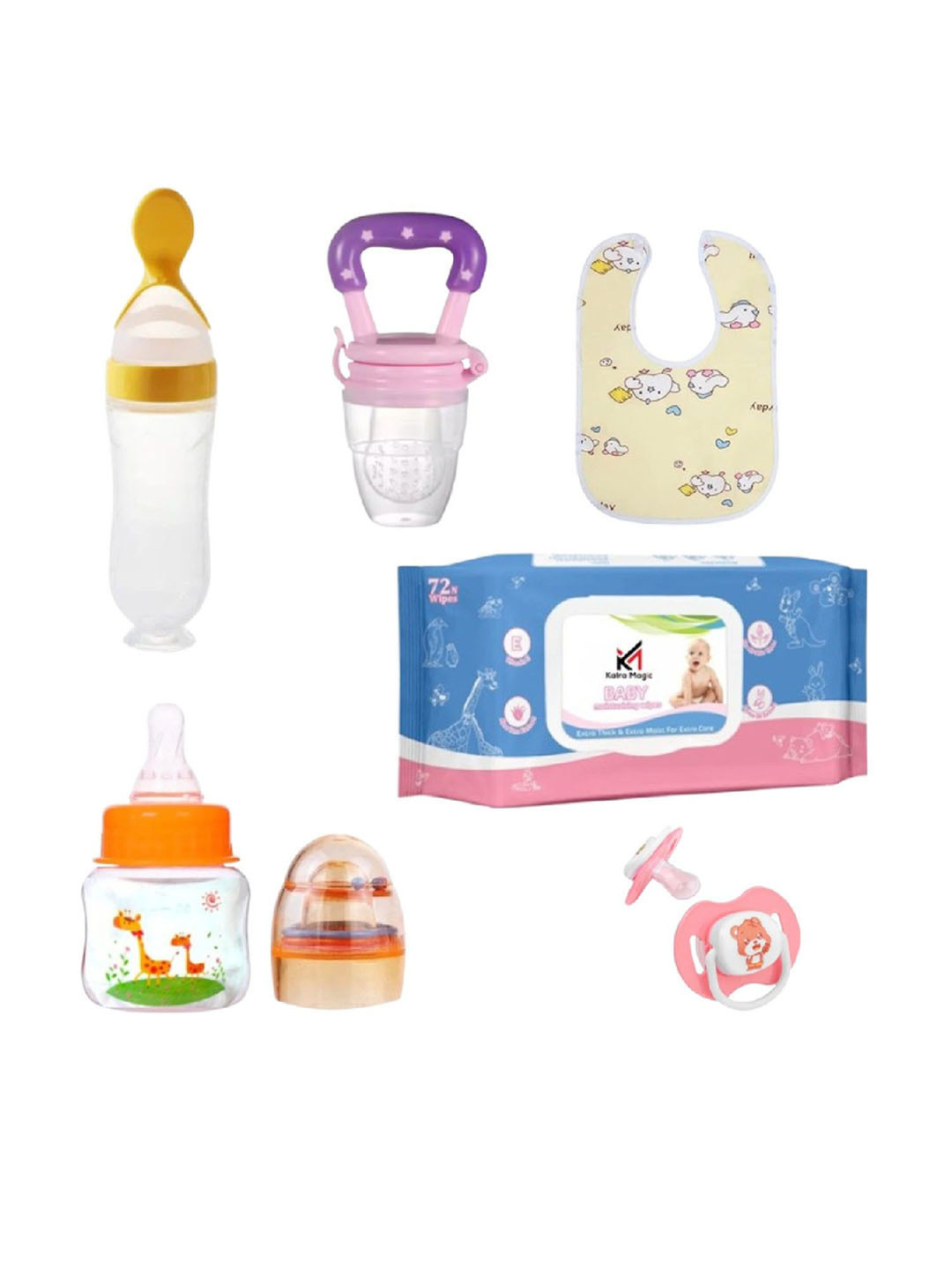Kalra Magic Infants Set of 6 Transparent & Feeding Bottle With Food Fruit Feeder&Bibs
