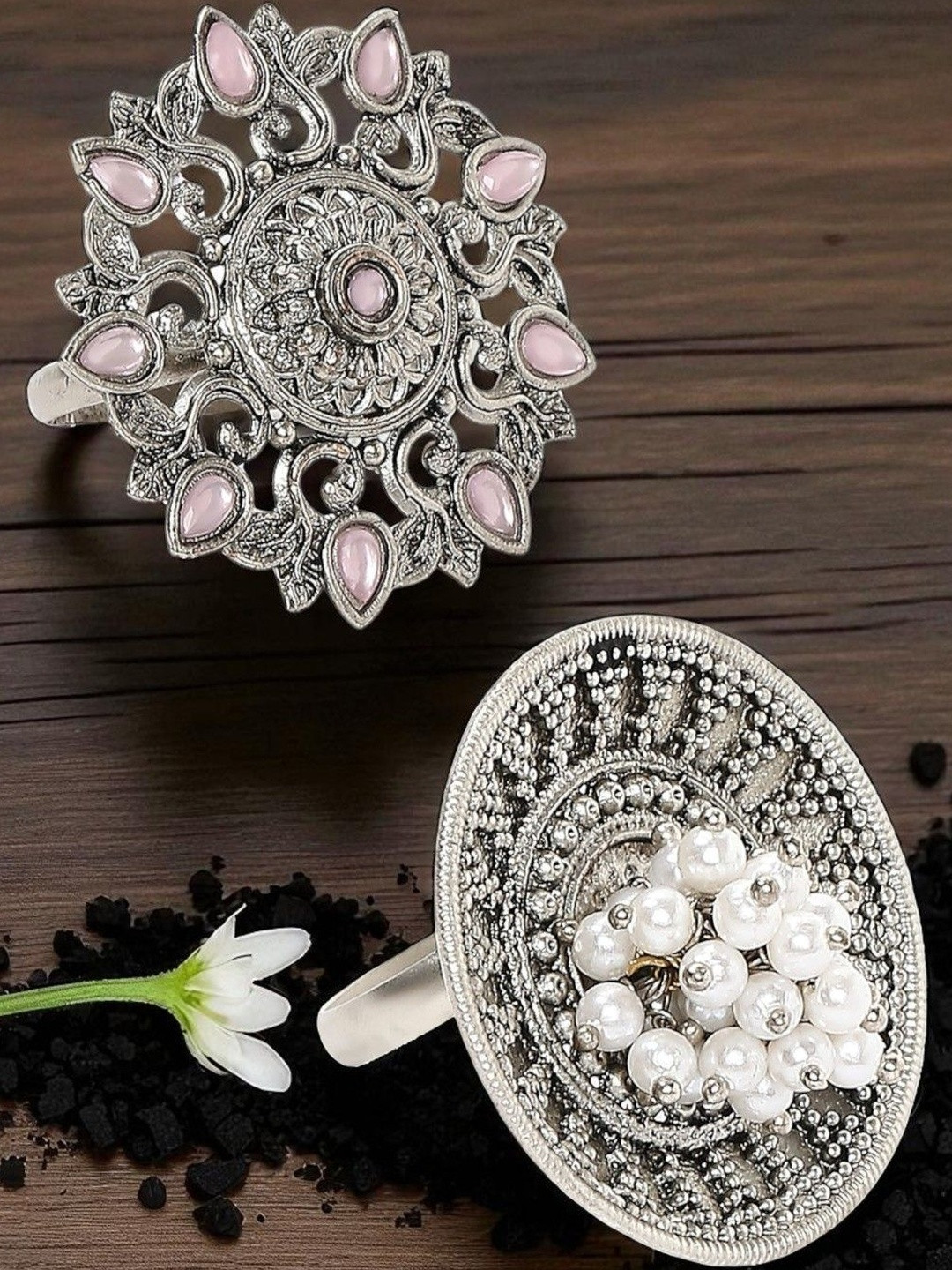 OOMPH Set Of 2 Opal Stones Studded And Pearls Beaded  Oxidised Finger Rings