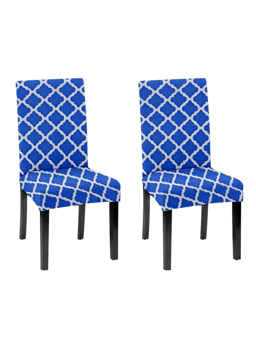 Lazi 200 GSM 2 Pieces Blue & White Diamond Printed Stretchable Dining Chair Covers