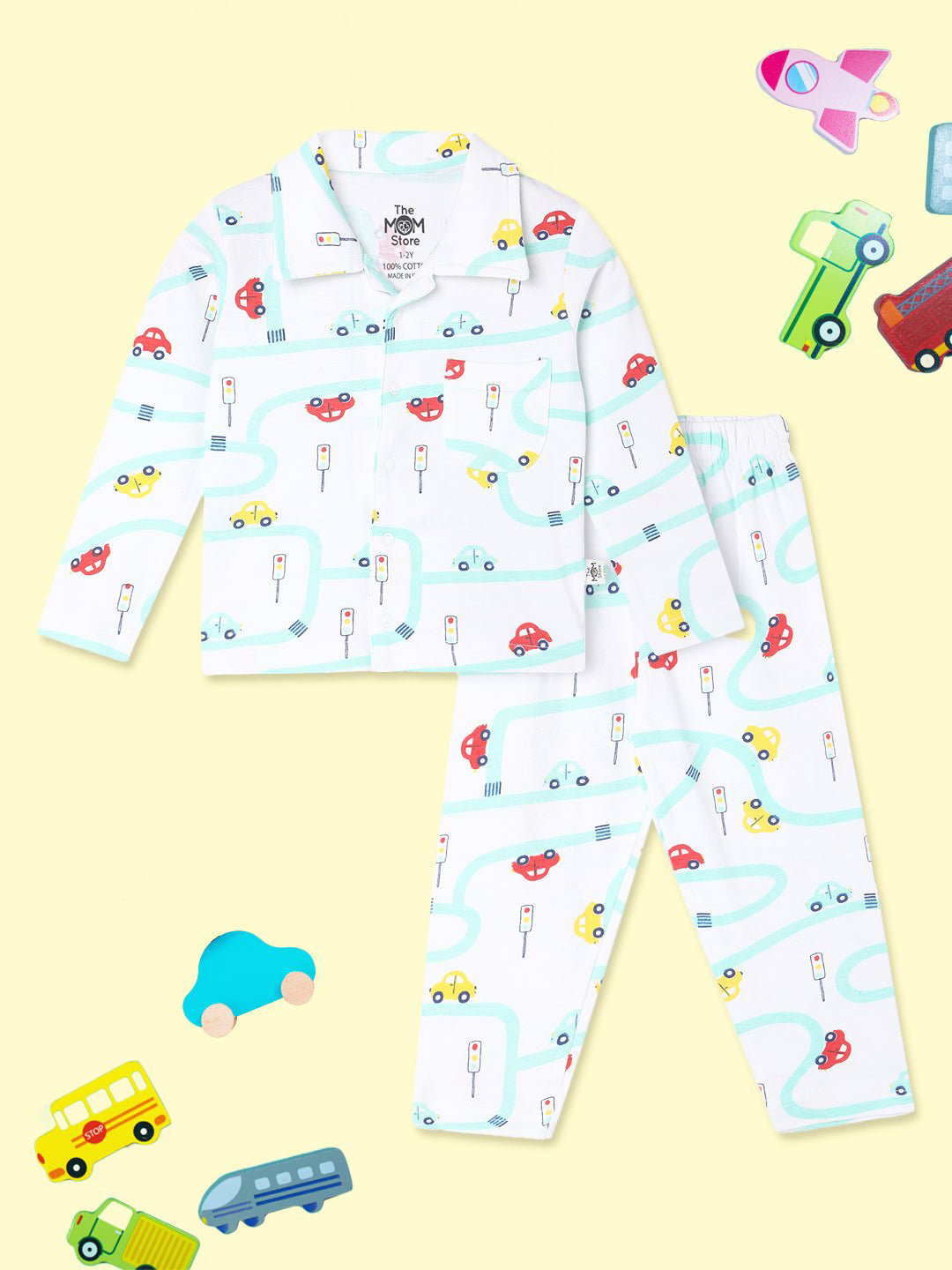 The Mom Store Unisex Kids Pure Cotton White & Red Printed Night suit