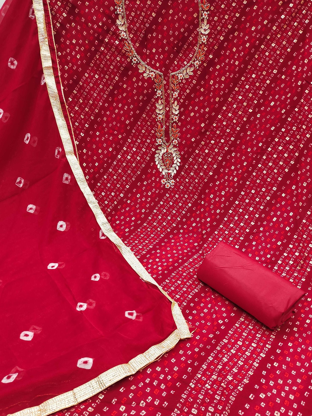 KALINI Cotton Blend Red Embellished Dress Material