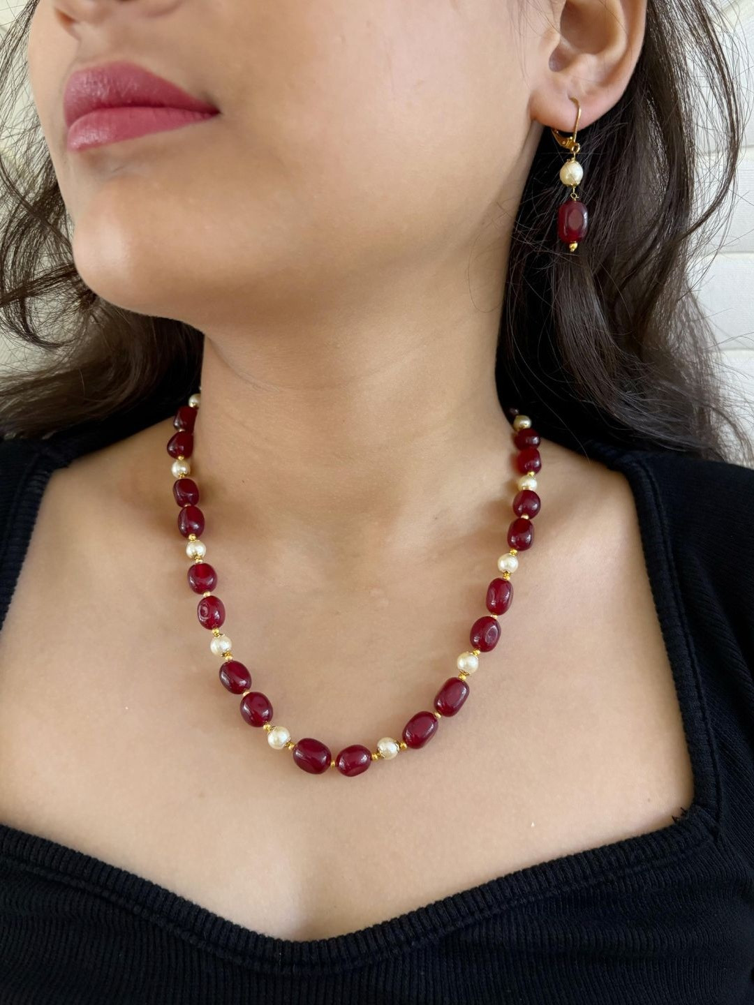 Gehna By Beadazzled Gold-Plated Red Stones Beaded Necklace Set