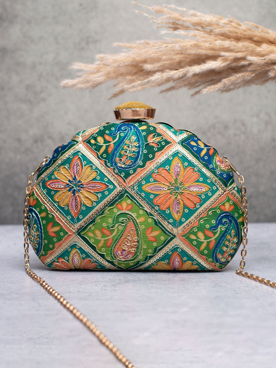 ARTKLIM Women Embroidered Half Moon Emerald Harmony Clutch