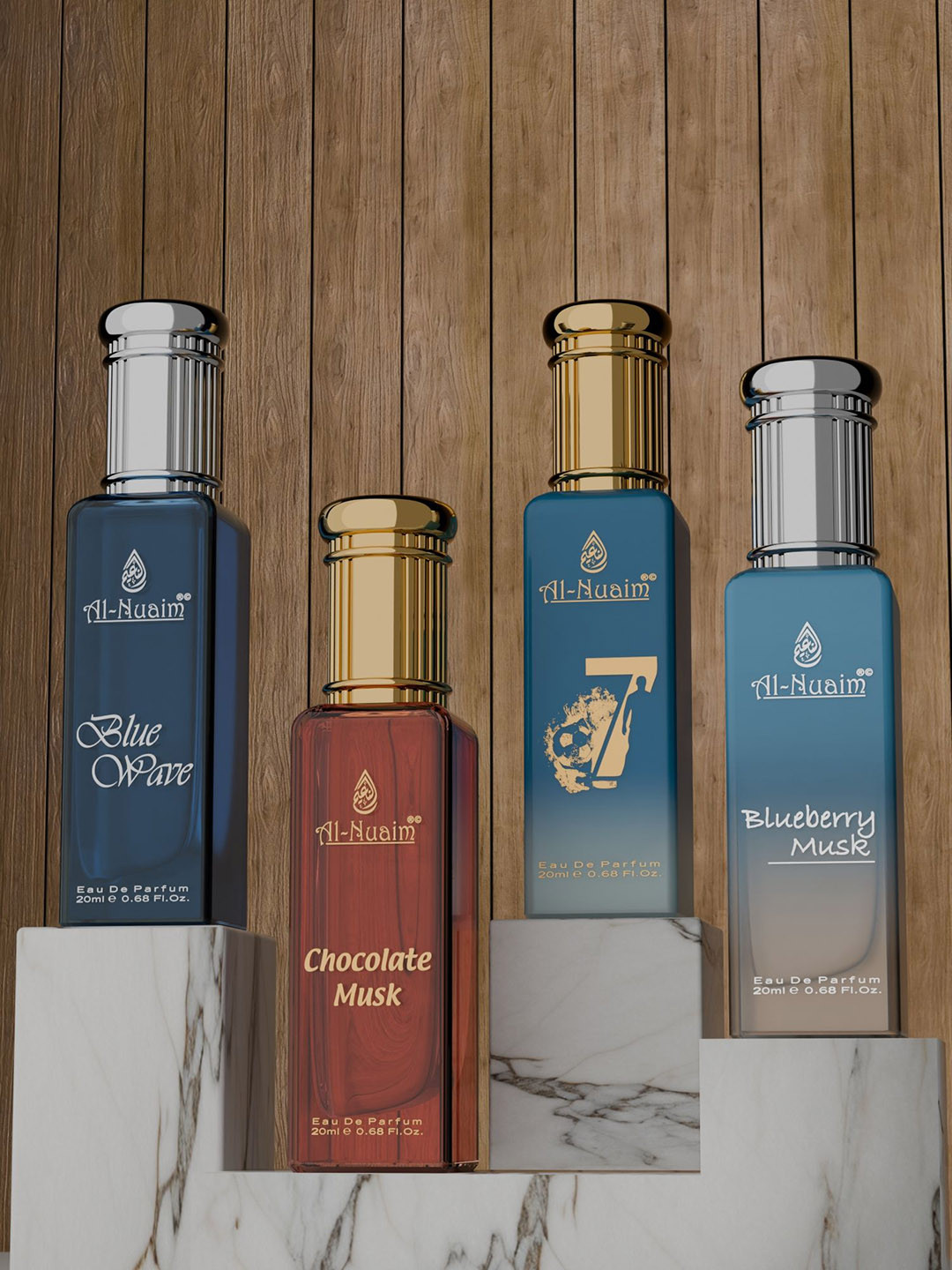 Al-Nuaim Set Of 4 Chocolate Musk- Blue Wave- Blueberry Musk- 7 Eau De Parfum- 20 ml Each