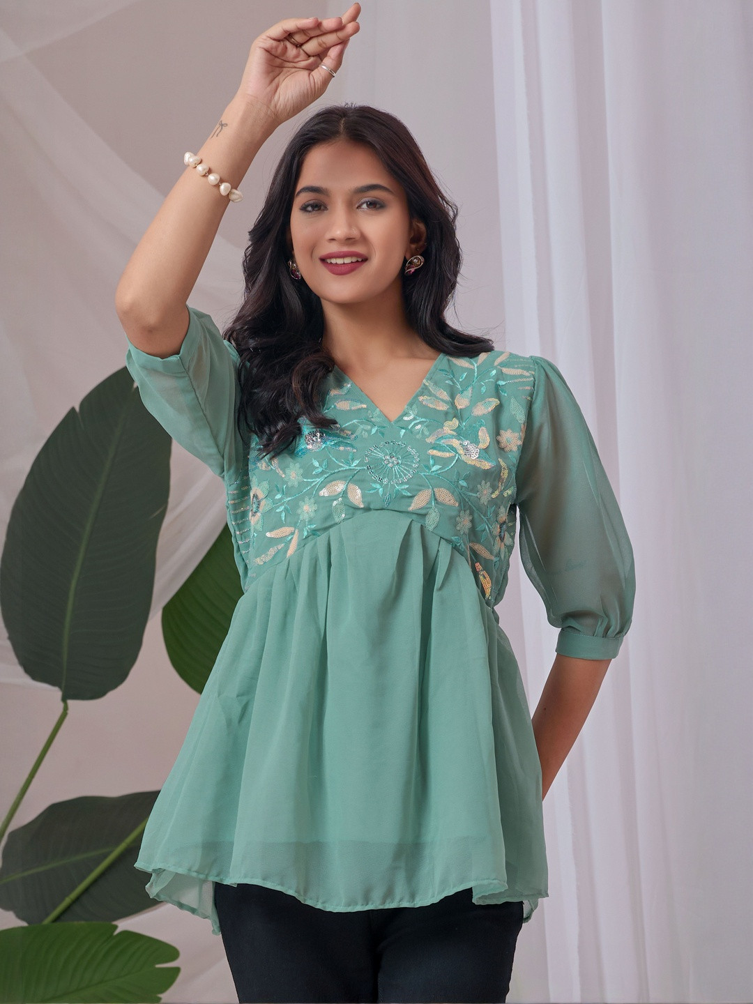 ZELZIS Women V-Neck Light Green Georgette Embroidery Tunic Top