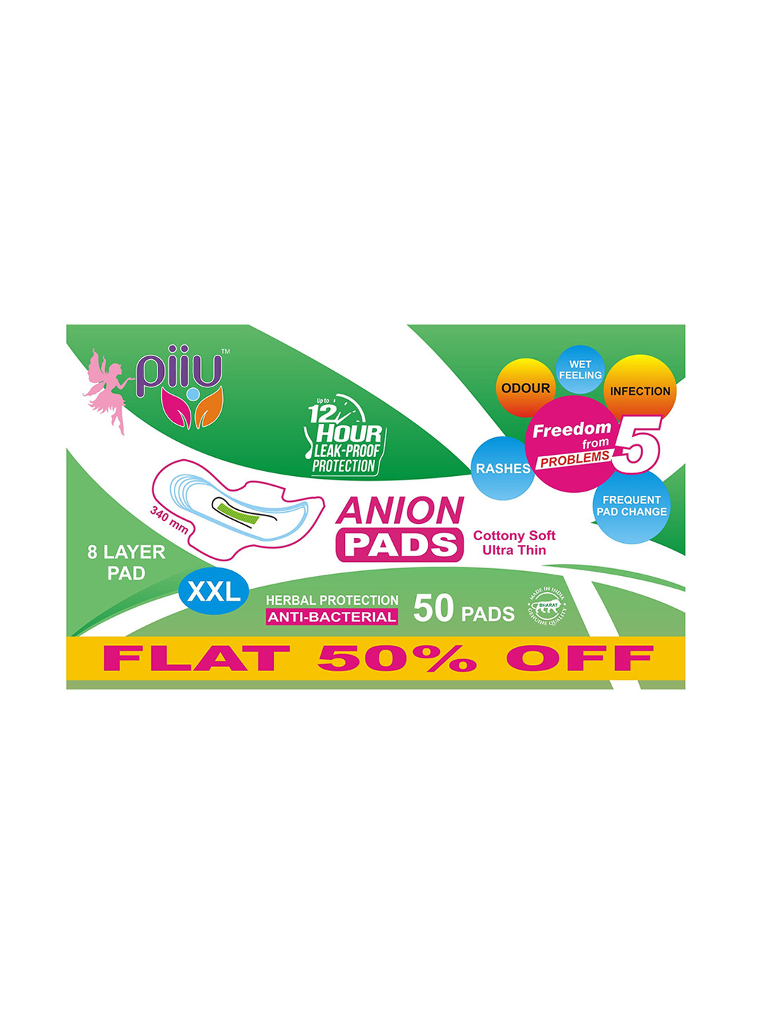 PIIU Cottony Soft Rash Free Ultra-Thin Anion Sanitary Pads- XXL- 50 Pads
