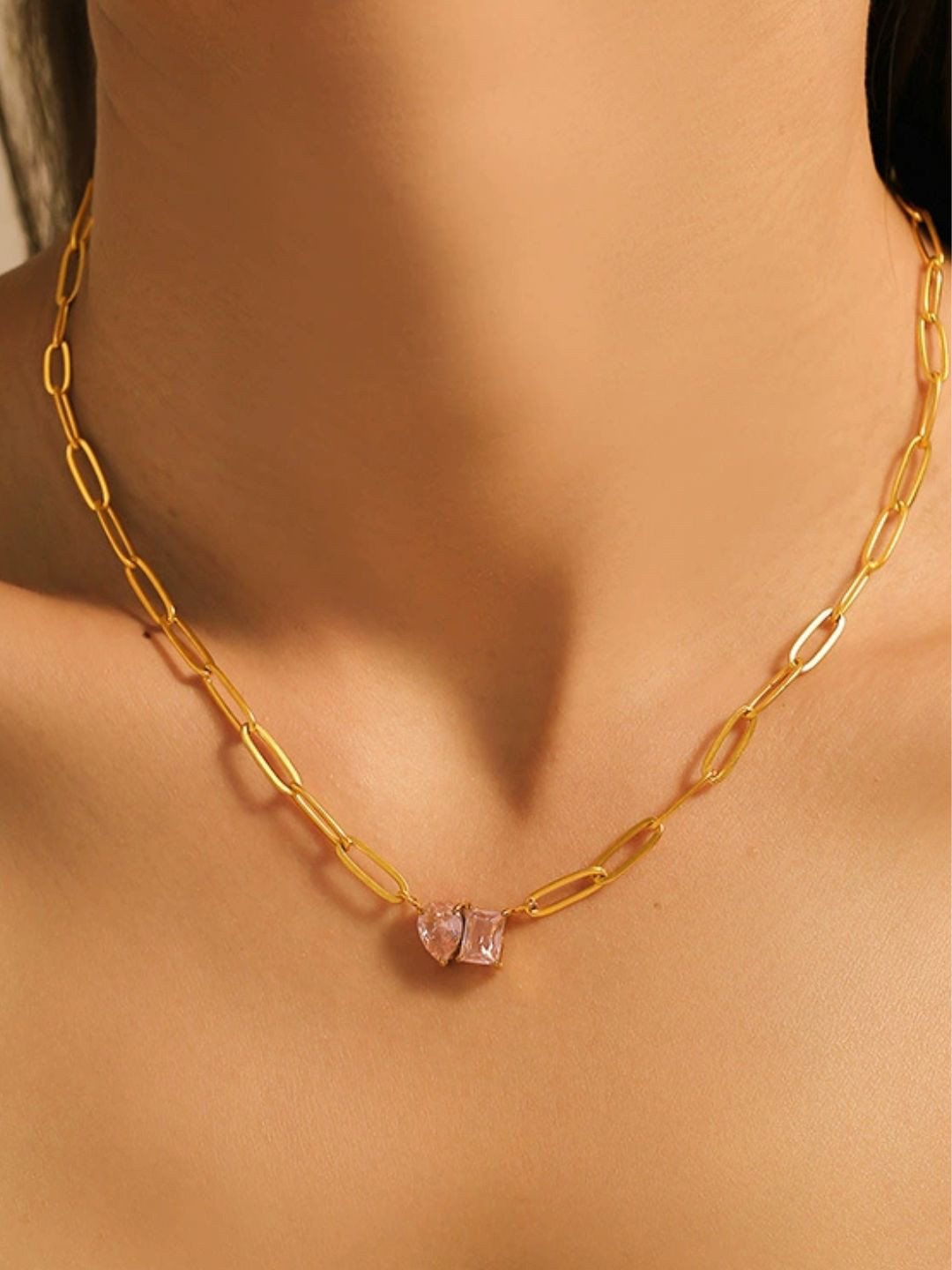 AQUASTREET 18K Gold Plated Waterproof Anti-Tarnish Pink Zircon Paperclip Chain Necklace