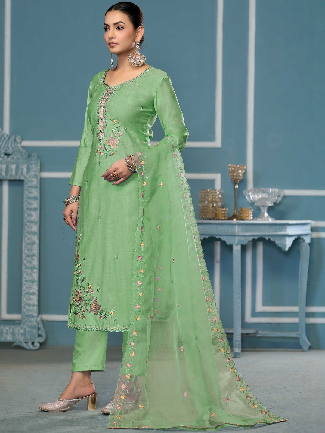 KALINI Cotton Blend Red Woven Design Dress Material