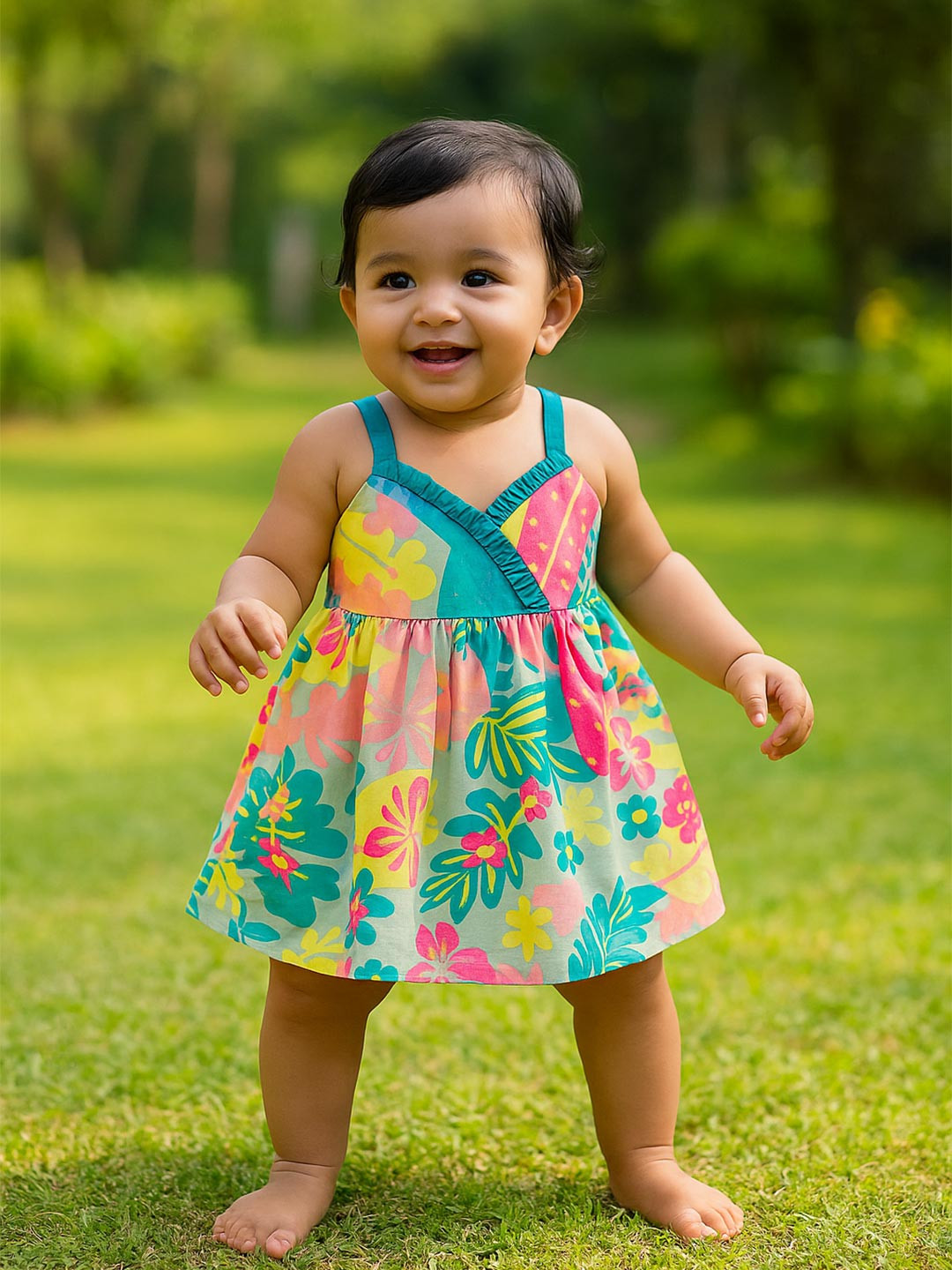 MeeMee Girls Floral Printed Shoulder Straps Cotton Fit & Flare Dress