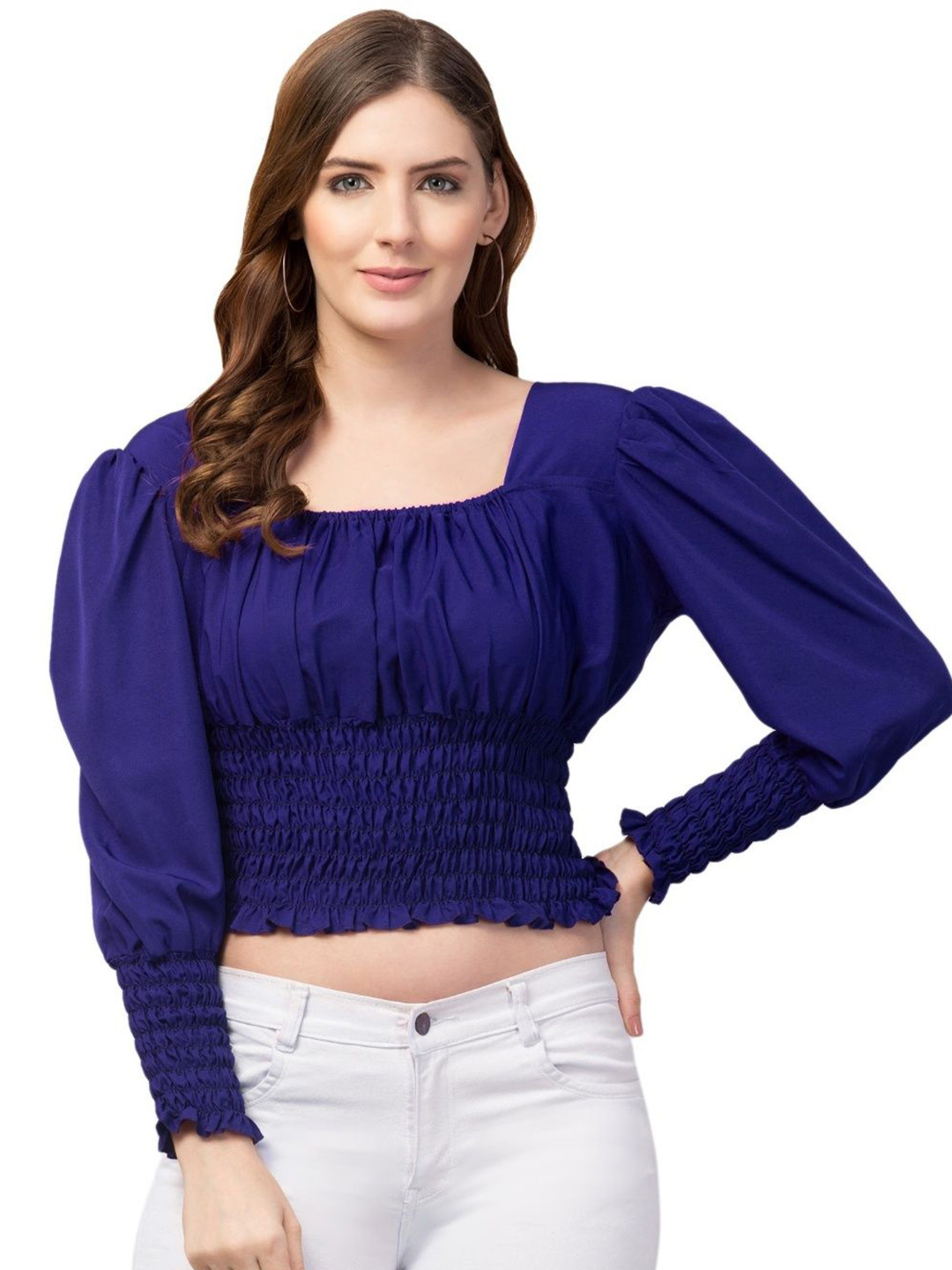 najis syed traders Women Smocked Puff Sleeve Crepe Blouson Crop Top