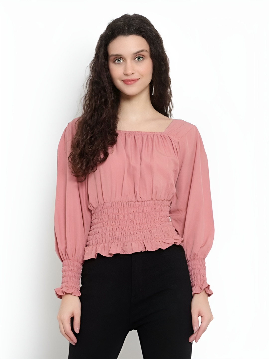 tildosac Women Smocked Puff Sleeve Crop Top