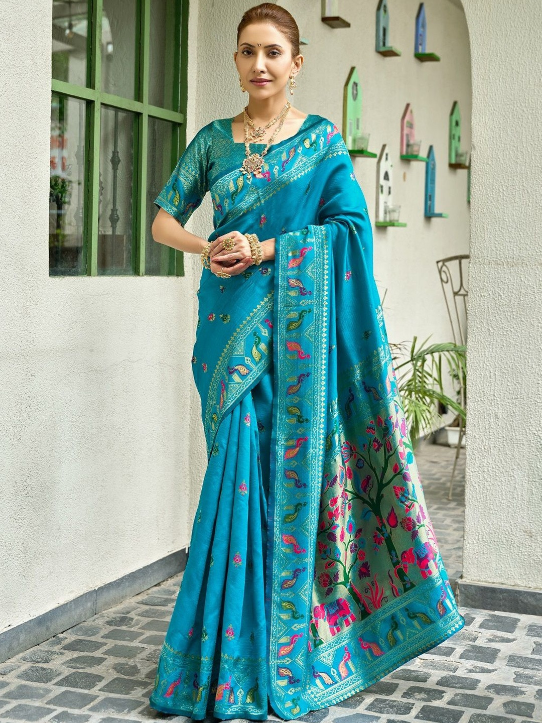 Suha Blue Floral Art Silk Paithani Saree
