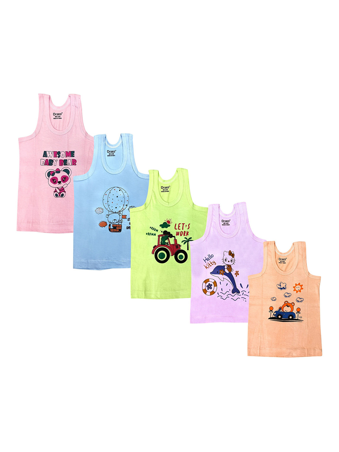 DRAKO Infants Boys Pack Of 5 Printed Cotton Basic Vests